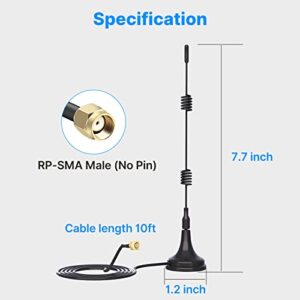 Hiseeu 2.4GHz 7dBi 5XRange WiFi Booster Antenna +10ft Magnetic Base, WiFi Antenna Extension Cable w/RP-SMA Male Connector(No Pin) for WiFi Security Camera/WiFi Router/Wireless Network Card/USB Adapter