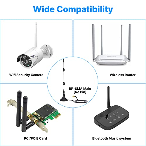 Hiseeu 2.4GHz 7dBi 5XRange WiFi Booster Antenna +10ft Magnetic Base, WiFi Antenna Extension Cable w/RP-SMA Male Connector(No Pin) for WiFi Security Camera/WiFi Router/Wireless Network Card/USB Adapter