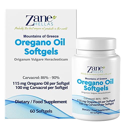 Zane Hellas Oregano Oil Softgels. Extra Strength. Every Softgel Contains 20% Greek Essential Oil of Oregano. 100 mg Carvacrol per Softgel. 60 Softgels.