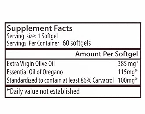 Zane Hellas Oregano Oil Softgels. Extra Strength. Every Softgel Contains 20% Greek Essential Oil of Oregano. 100 mg Carvacrol per Softgel. 60 Softgels.