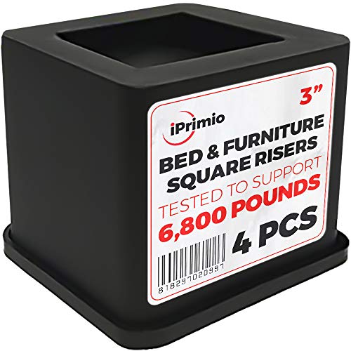 iPrimio Bed Risers Heavy Duty - Square, 3" Lift, 4pk, Up to 6800lbs - Bed Raising Blocks, Furniture Risers, Dorm Bed Risers - Safe, Sturdy Bed Lifts for College Dorm Rooms, Couches, Tables, Desk Riser