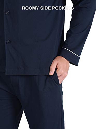 DAVID ARCHY Men's 100% Cotton Long Button-Down Sleepwear Pajama Set (M, Navy Blue)