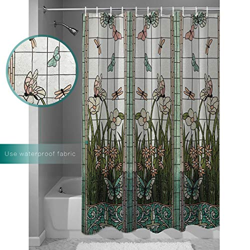 EZON-CH Waterproof Shower Curtain Stained Glass Meadow Flower Dragonfly Print Polyester Fabric Bath Curtain Home Hotel Apartment Bathroom Shower Curtain 72x72IN