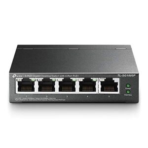tp-link tl-sg1005p 5 port gigabit poe switch 4 poe+ ports @65w desktop plug & play sturdy metal w/ shielded ports fanless limited lifetime protection qos & igmp snooping