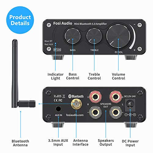 Fosi Audio BT10A Bluetooth 5.0 Stereo Audio Amplifier Receiver 2 Channel Class D Mini Hi-Fi Integrated Amp for Home Passive Speakers 50W x 2 TPA3116