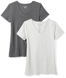 amazon essentials women's classic-fit short-sleeve v-neck t-shirt, pack of 2, charcoal heather/light grey heather, medium