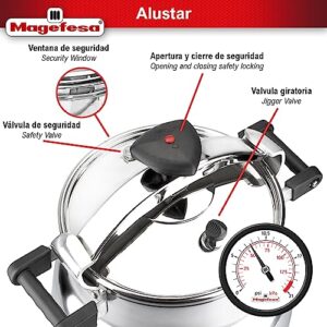 Magefesa® Alustar 23.2 Quart Pressure Cooker, recommended use for professionals, made of extra thick aluminum, express, has a Thermodiffusion bottom, 3 Security Systems