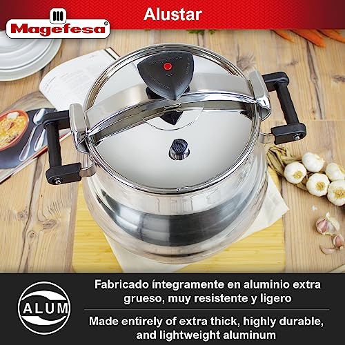 Magefesa® Alustar 23.2 Quart Pressure Cooker, recommended use for professionals, made of extra thick aluminum, express, has a Thermodiffusion bottom, 3 Security Systems