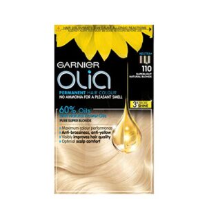 garnier olia super light blonde permanent hair dye, no ammonia for a pleasant scent, up to 100% grey hair coverage, maximum colour performance, 60% oils - 110 super light blonde, pack of 3