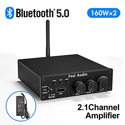 Fosi Audio BL20C 320 Watts Bluetooth 5.0 Stereo Audio Receiver Amplifier 2.1 CH Mini Hi-Fi Class D TDA7498E Integrated Amp U-Disk Player for Home Passive Speakers Powered Subwoofer(with Power Supply)