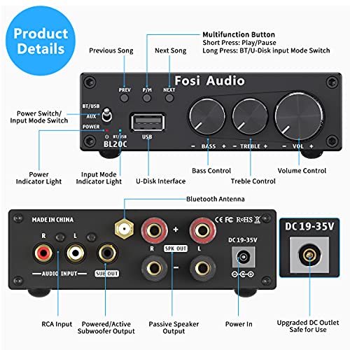 Fosi Audio BL20C 320 Watts Bluetooth 5.0 Stereo Audio Receiver Amplifier 2.1 CH Mini Hi-Fi Class D TDA7498E Integrated Amp U-Disk Player for Home Passive Speakers Powered Subwoofer(with Power Supply)