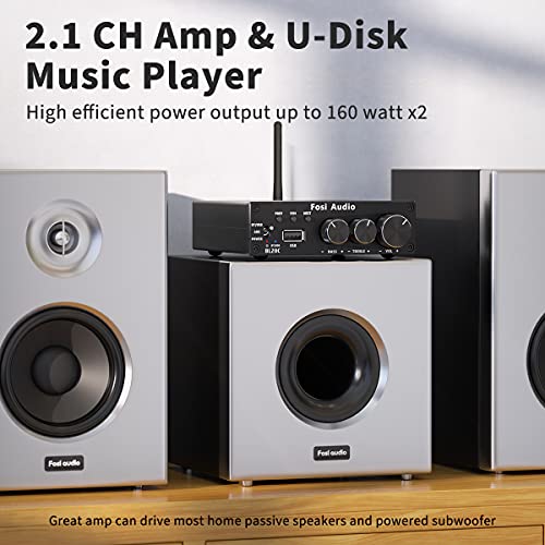 Fosi Audio BL20C 320 Watts Bluetooth 5.0 Stereo Audio Receiver Amplifier 2.1 CH Mini Hi-Fi Class D TDA7498E Integrated Amp U-Disk Player for Home Passive Speakers Powered Subwoofer(with Power Supply)