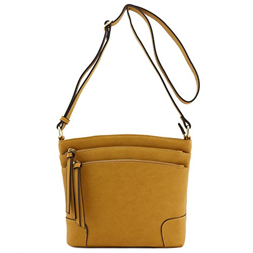 FashionPuzzle Triple Zipper Pocket Medium Crossbody Bag (Mustard)