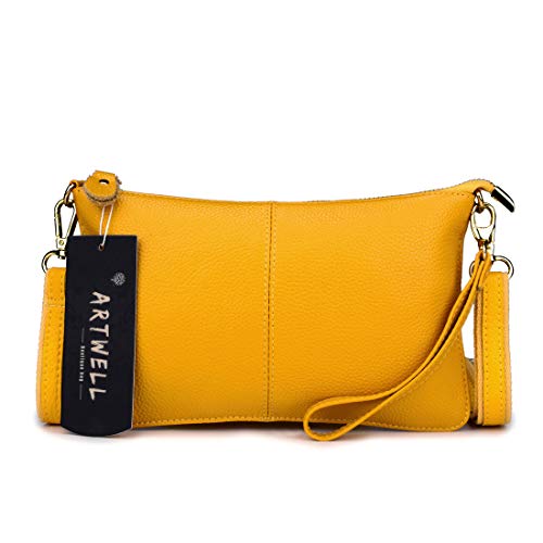 Artwell Genuine Leather Clutch Wallet for Women Wristlet Envelop Small Crossbody Purse Card Shoulder Bag (Yellow)