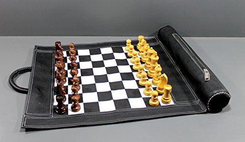 StonKraft - 19" x 15" (Playing Area 12" x 12") Genuine Roll-Up Leather Chess Set - with Wooden Chess Pieces - Black Colour | Comes with Innovative Carry Pouch