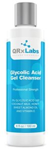 qrxlabs glycolic acid face wash - exfoliating gel cleanser, best for wrinkles, lines, acne, spots & chemical peel prep - reduces shaving bumps and ingrown hair - 6 fl oz