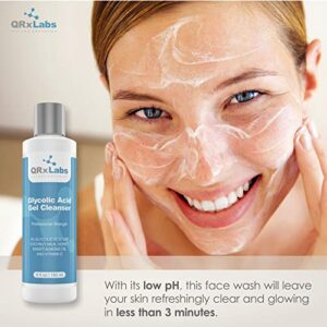 QRxLabs Glycolic Acid Face Wash - Exfoliating Gel Cleanser, Best for Wrinkles, Lines, Acne, Spots & Chemical Peel Prep - Reduces Shaving Bumps and Ingrown Hair - 6 fl oz