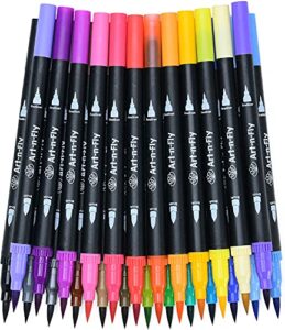 art-n-fly dual tip brush pens set - 25 adult colored markers for calligraphy, drawing, journaling - fine tip felt ink - beginner or professional