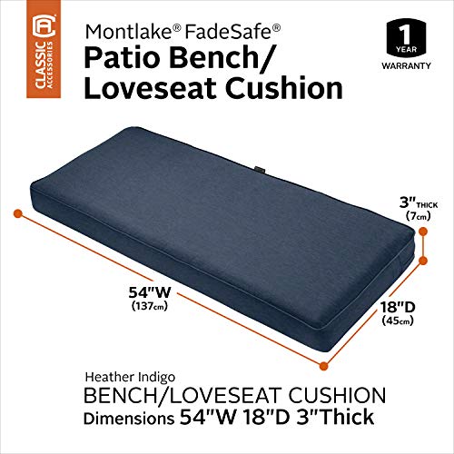 Classic Accessories Montlake FadeSafe Water-Resistant 54 x 18 x 3 Inch Outdoor Bench/Settee Cushion, Patio Furniture Swing Cushion, Heather Indigo Blue, Patio Loveseat Cushion