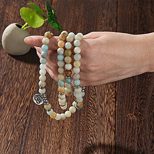 GVUSMIL 108 Mala Prayer Beads Matte Amazonite Wrap Bracelet OM Pendant Necklace for Meditation Rosary Yoga Healing