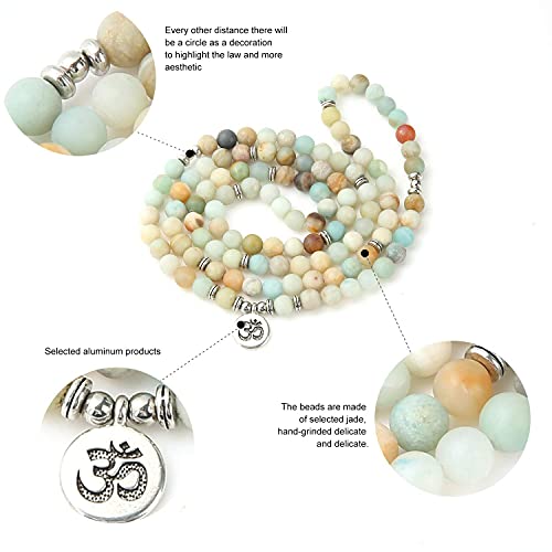 GVUSMIL 108 Mala Prayer Beads Matte Amazonite Wrap Bracelet OM Pendant Necklace for Meditation Rosary Yoga Healing