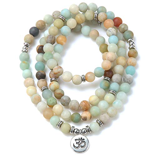 GVUSMIL 108 Mala Prayer Beads Matte Amazonite Wrap Bracelet OM Pendant Necklace for Meditation Rosary Yoga Healing