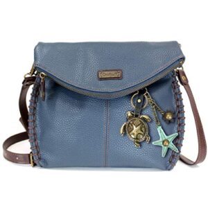 chala charming crossbody bag - flap top and key charm in navy blue, cross-body or shoulder(metal turtle)
