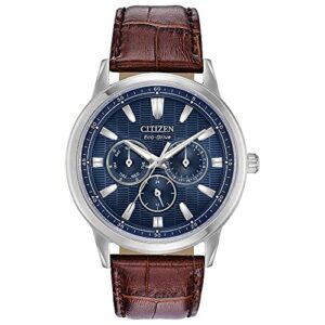 citizen men's eco-drive corso classic watch in stainless steel with brown leather strap, blue dial (model: bu2070-12l)
