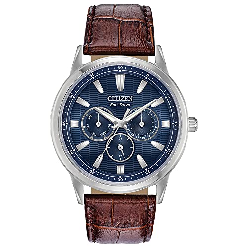 Citizen Men's Eco-Drive Corso Classic Watch in Stainless Steel with Brown Leather strap, Blue Dial (Model: BU2070-12L)