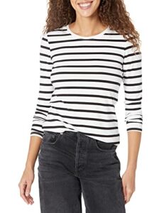amazon essentials women's classic-fit long-sleeve crewneck t-shirt (available in plus size), black/white stripe, small