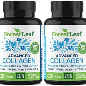 ForestLeaf - Collagen Pills with Hyaluronic Acid & Vitamin C - Reduce Wrinkles, Tighten Skin, Boost Hair, Skin, Nails & Joint Health - Hydrolyzed Collagen Peptides Supplement - 120 Capsules (2 Pack)