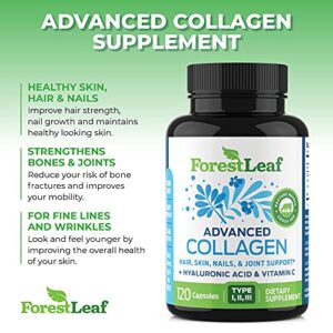 ForestLeaf - Collagen Pills with Hyaluronic Acid & Vitamin C - Reduce Wrinkles, Tighten Skin, Boost Hair, Skin, Nails & Joint Health - Hydrolyzed Collagen Peptides Supplement - 120 Capsules (2 Pack)