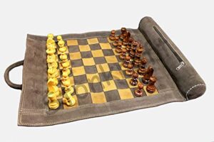 stonkraft - 19" x 15" (chess board size 12" x 12") genuine roll-up leather chess set - with wooden chess pieces - brown | with innovative carry pouch