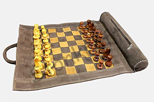 Stonkraft - 19" x 15" (Chess Board Size 12" x 12") Genuine Roll-Up Leather Chess Set - with Wooden Chess Pieces - Brown | with Innovative Carry Pouch