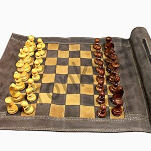 Stonkraft - 19" x 15" (Chess Board Size 12" x 12") Genuine Roll-Up Leather Chess Set - with Wooden Chess Pieces - Brown | with Innovative Carry Pouch