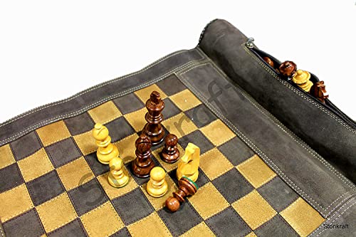 Stonkraft - 19" x 15" (Chess Board Size 12" x 12") Genuine Roll-Up Leather Chess Set - with Wooden Chess Pieces - Brown | with Innovative Carry Pouch