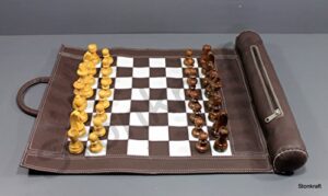 stonkraft - 19" x 15" (chess board size 12" x 12") roll-up leather chess set with wooden chess pieces - brown | comes with innovative carry pouch