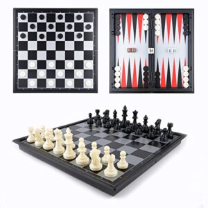 Chess / Checkers / Backgammon 3 in 1 Set, Hoshin Portable Folding Travel Magnetic Chess Board for Kids, 9.8 x 9.8 x 0.8 Inch