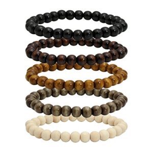 milakoo 5 pcs wooden beaded bracelet bangle for men and women elastic 8mm beads