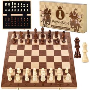 wooden chess set for kids and adults - 15 staunton chess set - large folding chess board game sets - storage for pieces | wood pawns - unique e-book for beginner - 2 extra queens