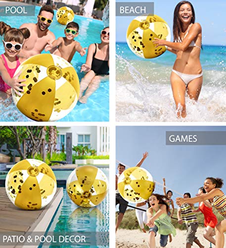 POZA Inflatable Large Beach Ball – Pool Accessory Glitter Confetti 16 Inch Premium Beach Theme Water Sand Toy Favors for Beach Party Decorations Pool Party Supplies Beach Balls – Set of 2 (Gold)