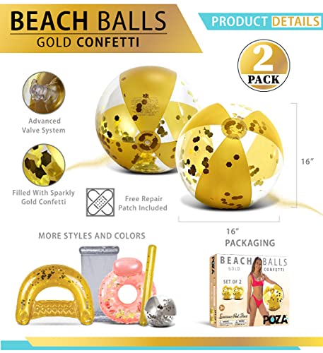POZA Inflatable Large Beach Ball – Pool Accessory Glitter Confetti 16 Inch Premium Beach Theme Water Sand Toy Favors for Beach Party Decorations Pool Party Supplies Beach Balls – Set of 2 (Gold)