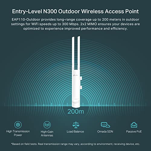 TP-Link EAP110-Outdoor V3 | Omada N300 Wireless Outdoor Access Point | WiFi Coverage up to 200 meters| Passive PoE w/ Free PoE Injector | SDN Integrated | Cloud Access & Omada App | White