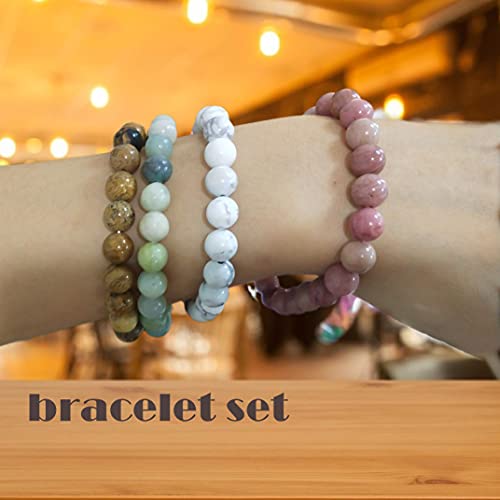 YISSION 4PCS 8mm Beaded Bracelets for Women Men Semi-Precious Gemstone Bracelet Healing Crystal Elastic Stretch Bracelet Set Gifts