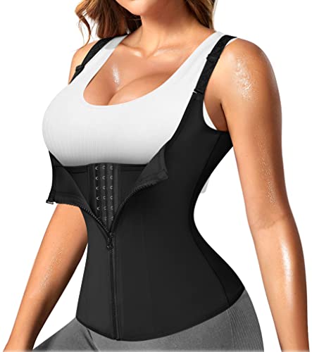 Nebility Women Waist Trainer Corset Zipper Vest Body Shaper Cincher Tank Top with Adjustable Straps (XL, Black)