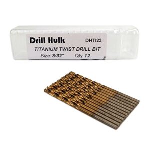 pack of 12, 3/32-inch titanium nitride coated drill bit, premium m2 high speed steel, jobber length, for metal, plastic, wood