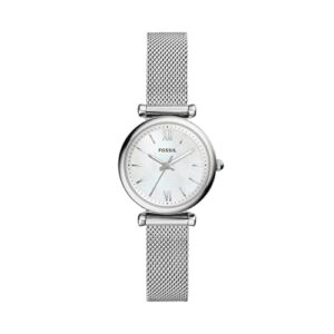 fossil women's carlie mini quartz stainless steel mesh three-hand watch, color: silver (model: es4432)