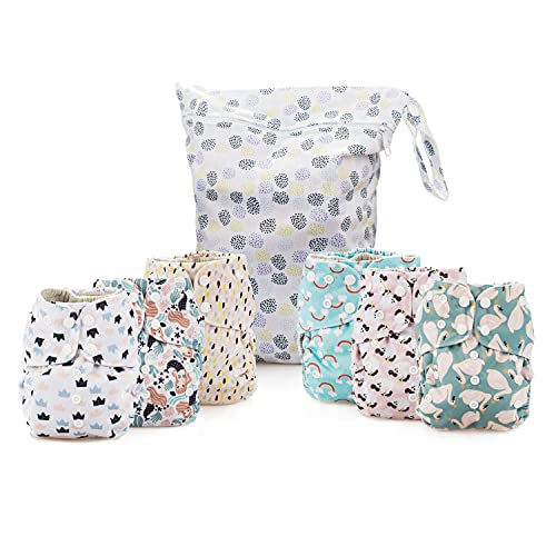 Simple Being Reusable Cloth Diapers- Double Gusset, One Size Adjustable, Washable Soft Absorbent, Waterproof Cover, Eco-Friendly Unisex Baby Girl Boy, six 4-Layers Microfiber Inserts (Whimsical)