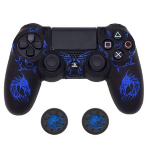 controller skin for ps4, brhe anti-slip grip silicone cover protector case compatible with ps4 slim/ps4 pro wireless/wired gamepad controller with 2 dragon carving thumb grip caps