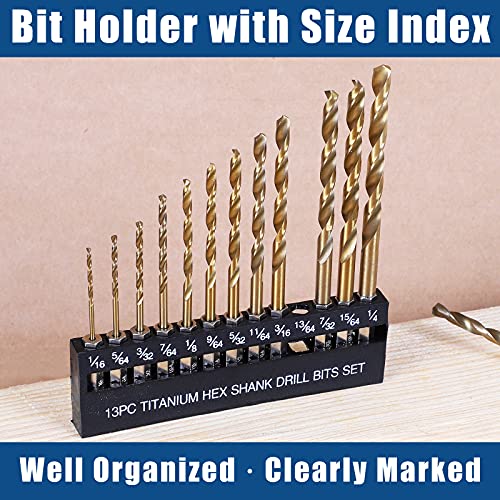 COMOWARE Titanium Twist Drill Bit Set - 13 Pcs Hex Shank High Speed Steel for Wood Plastic Aluminum Alloy, Quick Change, 1/16"-1/4"